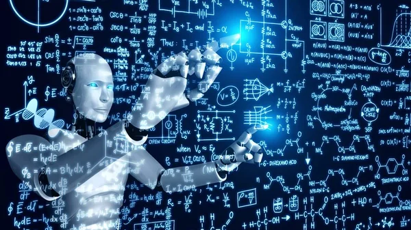 Hominoide Roboter Touchscreen Der Mathematischen Formel Und Naturwissenschaftlichen Gleichung Durch — Stockfoto