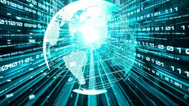 Fütürist küresel ağ ve dijital veri transferi 3D grafik. Yeni bilgi çağındaki küresel eğilimleri değiştiren akıllı dijital dönüşüm ve teknoloji bozulması kavramı .