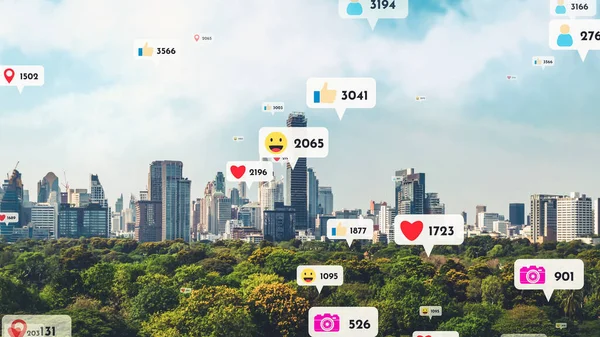 Social Media Icons Fly City Downtown Showing People Reciprocity Connection — Stock Photo, Image