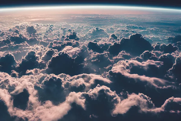 Splendid background cloudscape above the earths atmosphere in the stratosphere, with a galaxy and black, starry space at the horizon. Digital art 3D illustration of view from above the space.
