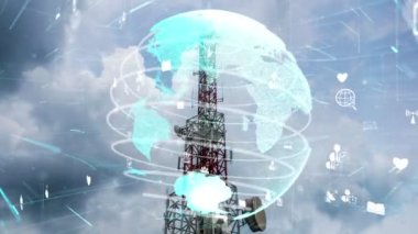 Dünya çapında internet ağı bağlantıları kavramında küresel iş değişikliğinin ve mavi gökyüzüne karşı e-ticaretin 3 boyutlu grafiğine sahip telekomünikasyon kulesi .