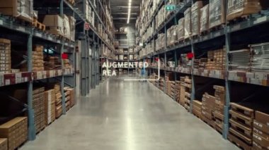 Artırılmış gerçeklik teknolojisi sistemi akıllı depo paket toplama ve teslimatını tanımlıyor. Gelecekteki tedarik zinciri ve lojistik ticaret kavramı .