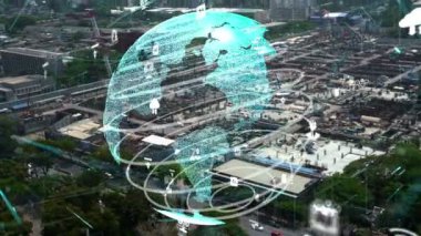 Otomasyon konseptini ve uzaktan kablosuz makine kontrolünü gösteren bir bilgisayar yazılımında fütüristik HUD kullanarak inşaat teknolojisi konsepti üzerinde değişiklik grafiği içeren konsept .