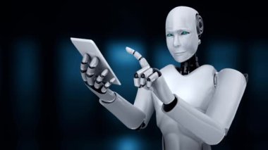 Robot hominoid use mobile phone or tablet for big data analytic using AI thinking brain , artificial intelligence and machine learning process for the 4th fourth industrial revolution . 3D rendering.