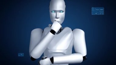 Yapay zeka hominoid robotunun hologram ekranını analiz etmesi, makine öğrenme süreciyle yapay zeka kullanarak büyük veri analizi yaptığını gösteriyor. 3B görüntüleme.