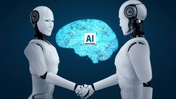 Rendering Hominoid Robot Handshake Collaborate Future Technology Development Thinking Brain — 图库视频影像