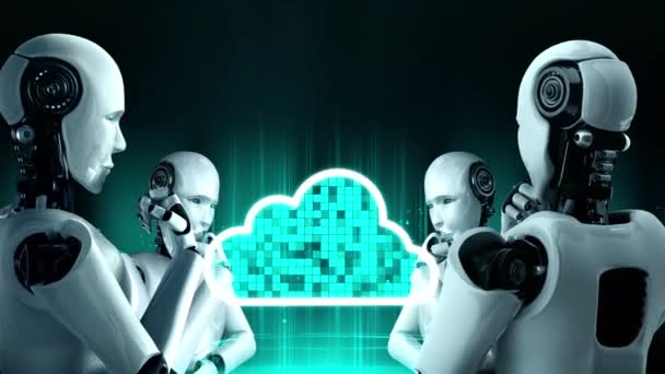 Robot Huminoid Uses Cloud Computing Technology Store Data Online Server — Αρχείο Βίντεο
