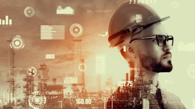 Geleceğin fabrikası ve yaratıcı grafik tasarımında yaratıcı enerji endüstrisi konsepti. Petrol, gaz ve petrokimyasal rafineri fabrikası. Hologramı yeni nesil enerji ve enerji sektörünü gösteriyor..