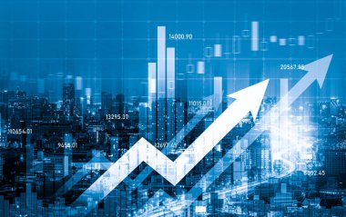 Stock market business concept. Financial graphs and digital indicators with modernistic urban area and skyscrapers as background. Double Exposure.