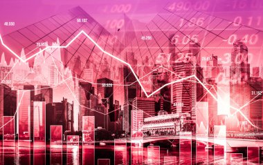 Stock market crash, declined economic, graph falling down and digital indicators overlaps modernistic city. Double exposure.