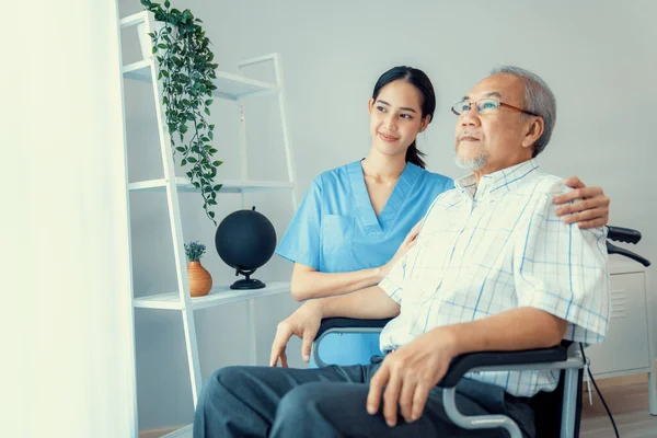 Caring Nurse Contented Senior Man Wheel Chair Home Nursing House — Foto de Stock