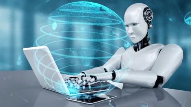 Future financial technology controll by AI robot huminoid uses machine learning and artificial intelligence to analyze business data and give advice on investment and trading decision . 3D rendering .