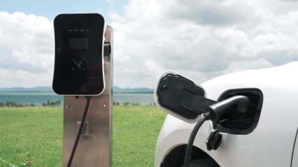 Progresszív Koncepció Elektromos Jármű Autó Mellett Töltőállomás Természetes Háttér Zöld — Stock videók