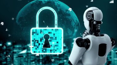 AI robot huminoid uses cloud computing technology to store data on online server . Futuristic concept of cloud information storage analyzed by machine learning process . 3D rendering .