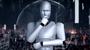 Futuristic robot artificial intelligence huminoid AI programming coding technology development and machine learning concept. Robotic bionic science research for future of human life. 3D rendering.