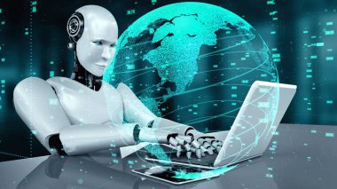 Futuristic robot artificial intelligence huminoid AI data analytic technology development and machine learning concept. Global robotic bionic science research for future of human life. 3D rendering.