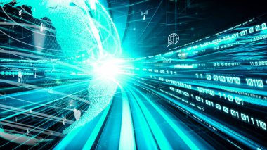 Fütürist küresel sosyal medya, insanlar iletişim ağı ve dijital veri paylaşımı kuruyor. Yeni bilgi çağındaki küresel eğilimleri değiştiren akıllı dijital dönüşüm ve teknoloji bozulması kavramı .