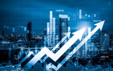 As background for a financial or business concept, digital screen and financial graphs overlap on a picture of modernistic cityscape, skyscrabbers.