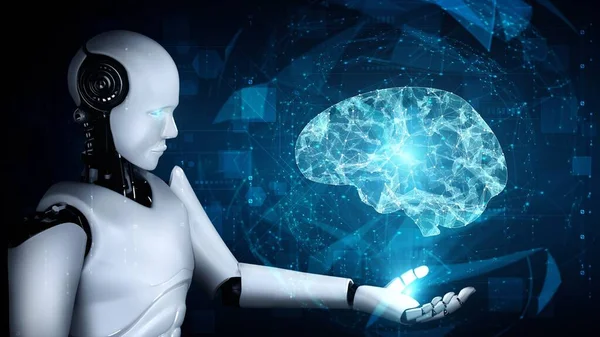 Hominoid Robot Holding Virtual Hologram Screen Showing Concept Brain Artificial — Φωτογραφία Αρχείου