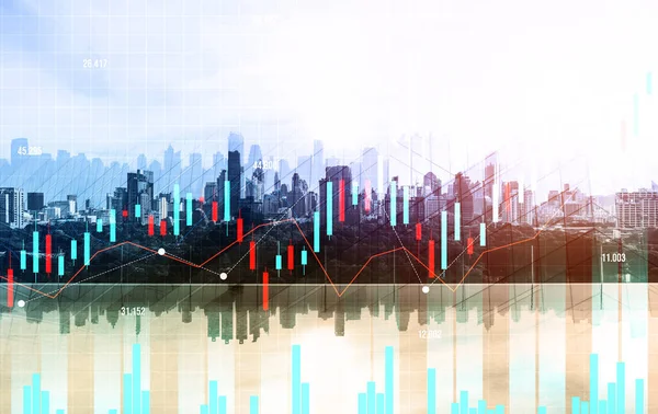 As background for a financial or business concept, digital screen and financial graphs overlap on a picture of modernistic cityscape, skyscrabbers.