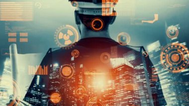 Gelecekteki bina inşaatı ve HUD hologram grafik tasarımı ile yaratıcı mühendislik projesi konsepti. İnşaat mühendisi, mimar ya da inşaat işçisi modern sivil teknoloji ile çalışıyor..