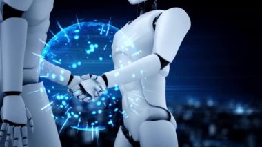 3D rendering hominoid robot handshake to collaborate future technology development by AI thinking brain, artificial intelligence and machine learning process for 4th industrial revolution.