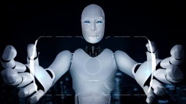 AI hominoid robot holding virtual hologram screen showing concept of big data analytic using artificial intelligence thinking by machine learning process. 3D rendering.