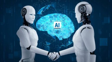3D rendering hominoid robot handshake to collaborate future technology development by AI thinking brain, artificial intelligence and machine learning process for 4th industrial revolution.