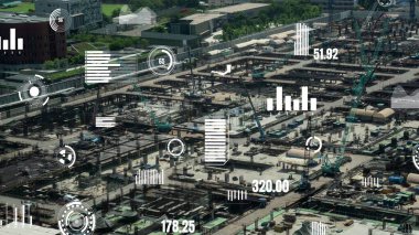 Otomasyon konseptini ve uzaktan kablosuz makine kontrolünü gösteren bir bilgisayar yazılımında fütüristik HUD kullanarak inşaat teknolojisi konsepti üzerinde değişiklik grafiği içeren konsept .