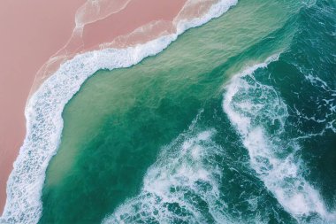 Yapay zeka, kumsalda kumsala vuran deniz suyu dalgaları ve rahatlatıcı güneş ışığı olan güzel pembe plajın insansız hava aracı fotoğrafından görüntü oluşturdu. Sakinlik ve ferahlatıcı plaj manzarası.