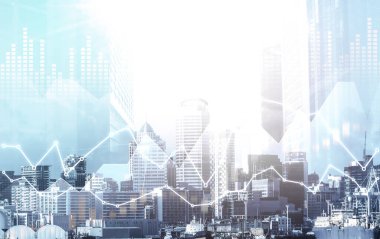 Financial graphs and digital indicators overlap with modernistic urban area, skyscrabber for stock market business concept. Double exposure.