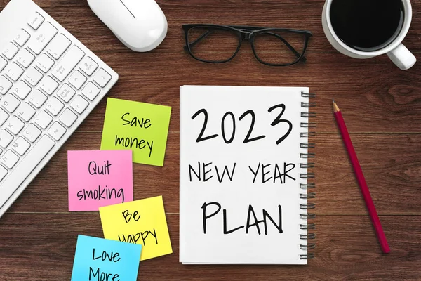 2023 Lista Objetivos Establecimiento Planes Feliz Año Nuevo Escritorio Oficina —  Fotos de Stock
