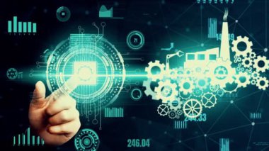 Futuristic industry 4.0 and inventive mechanized engineering concept with graphic user interface showing automation design, robot operation, usage of machine deep learning for future manufacturing.