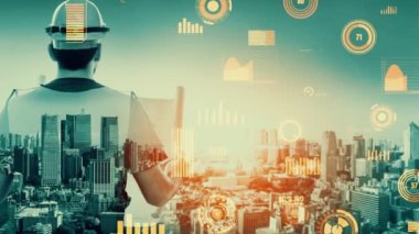 Gelecekteki bina inşaatı ve HUD hologram grafik tasarımı ile yaratıcı mühendislik projesi konsepti. İnşaat mühendisi, mimar ya da inşaat işçisi modern sivil teknoloji ile çalışıyor..