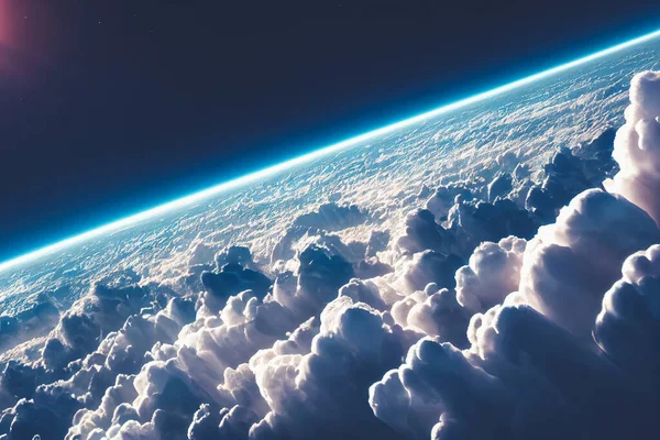 Splendid background cloudscape above the earths atmosphere in the stratosphere, with a galaxy and black, starry space at the horizon. Digital art AI generated image of view from above the space.