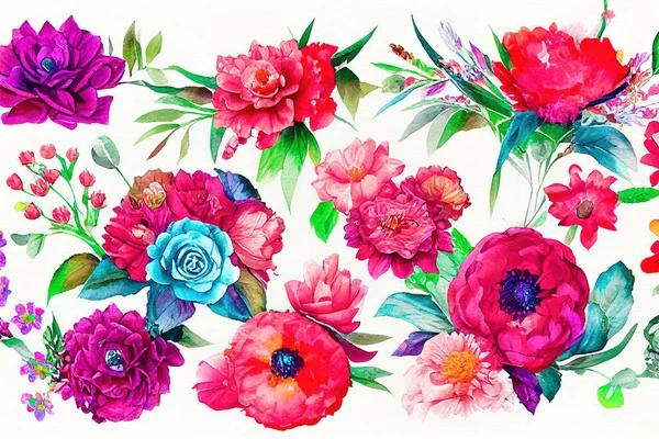 花束集水彩画设计为一体 春夏花型自然 手绘水彩画风格 数码艺术3D插图 — 图库照片