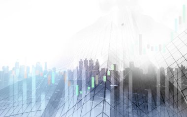 Stock market business concept. Financial graphs and digital indicators with modernistic urban area and skyscrapers as background. Double Exposure.