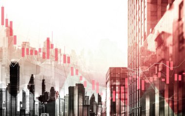 Economic crisis concept shown by digital indicators and graphs falling down with modernistic urban, city area. Double exposure. Stock market crash concept.