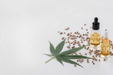 Şişede CBD yağı, damlacık kapağı, sativa yeşil kenevir ve kenevir tohumu bulunan yasallaştırılmış marihuana özellikleri. Copyspace ve reklam için esrar ürünü.