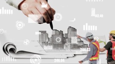 Şehir sivil planlama ve yaratıcı gayrimenkul geliştirme. Yaratıcı şehir binası tasarlamak için soyut şehir çizimine bakan mimar insanlar. Mimarlık hayali ve hırs konsepti.