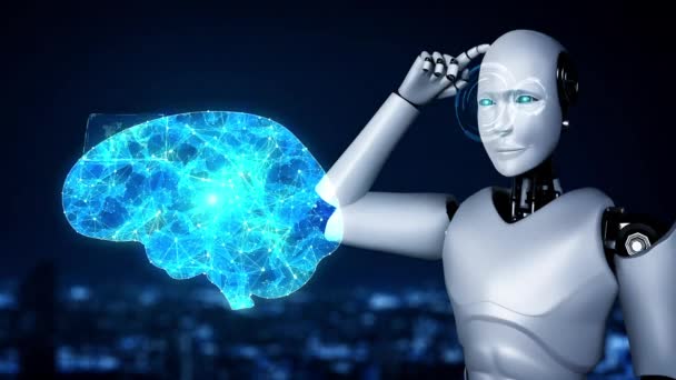 Myšlenkový Hominoidní Robot Umělou Inteligencí Analyzující Hologramovou Obrazovku Zobrazující Koncepci — Stock video
