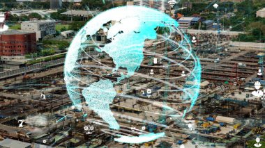 Otomasyon konseptini ve uzaktan kablosuz makine kontrolünü gösteren bir bilgisayar yazılımında fütüristik HUD kullanarak inşaat teknolojisi konsepti üzerinde değişiklik grafiği içeren konsept .