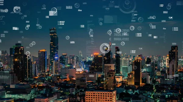 Interfaccia Analisi Dei Dati Aziendali Sorvola Smart City Mostrando Futuro — Foto Stock