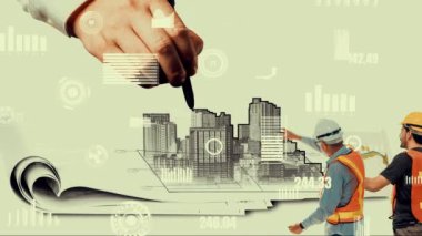 Şehir sivil planlama ve yaratıcı gayrimenkul geliştirme. Yaratıcı şehir binası tasarlamak için soyut şehir çizimine bakan mimar insanlar. Mimarlık hayali ve hırs konsepti.