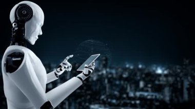 Future financial technology controll by AI robot huminoid uses machine learning and artificial intelligence to analyze business data and give advice on investment and trading decision . 3D rendering .