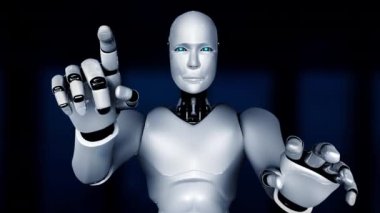 Yapay zeka robotu sanal sanal sanal sanal sanal ekrana dokunuyor ve yapay zeka kavramını makine öğrenme süreciyle gösteriyor. 3B görüntüleme.