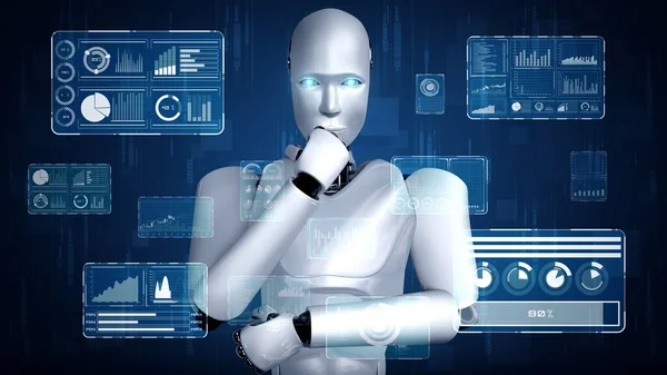 Thinking Hominoid Robot Analyzing Hologram Screen Showing Concept Big Data — Stock Photo, Image