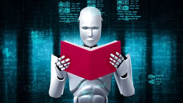 Representación Del Libro Lectura Hominoides Robot Resolución Análisis Datos Matemáticos — Foto de Stock