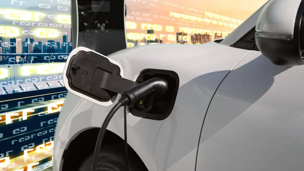 Електричний Транспортний Засіб Автомобіль Заряджає Енергію Батареї Зарядній Станції Автостраді — стокове фото