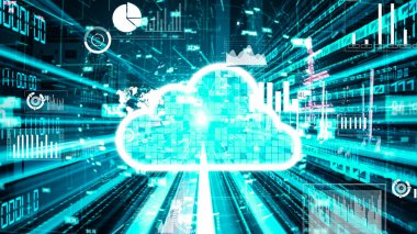 Akıllı paylaşım yazılımıyla bulut bilgisayarı ve çevrimiçi veri depolama. Yeni bilgi çağındaki küresel eğilimleri değiştiren akıllı dijital dönüşüm ve teknoloji bozulması kavramı .